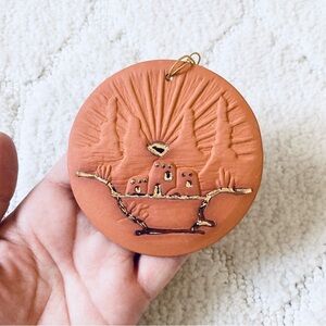 Southwestern "Santa Fe Pueblo" Clay Art Christmas Ornament terracotta /gold